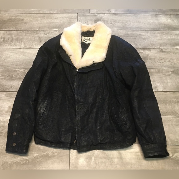 C’Zar Shawl Shearling Collar Mens Coat Jacket Black Vintage Leather Bomber Sz 44